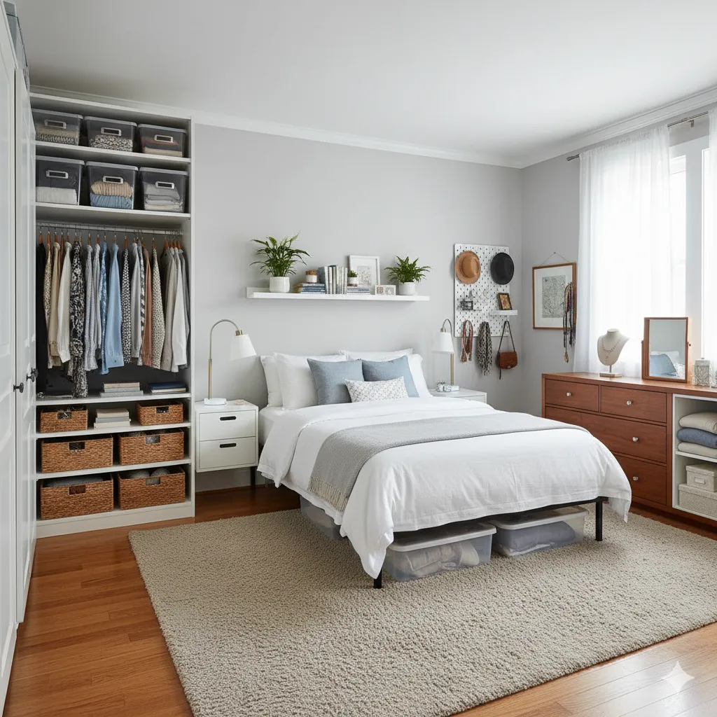 Georganiseerde slaapkamer met opbergoplossingen